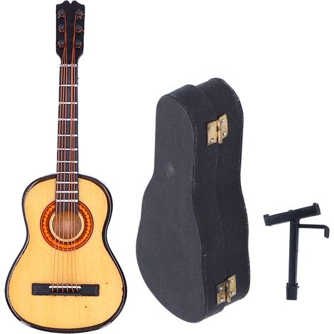 Guitare en bois miniature décorative pour bureau, instrument de musique ornemental avec support et boîte de rangement (1/5)