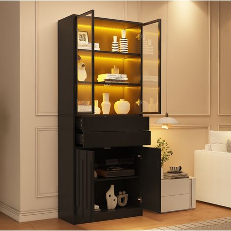Vitrina LED 70x34x180 cm con 2 cajones y puertas de vidrio templado, mueble de almacenaje negro (1/5)