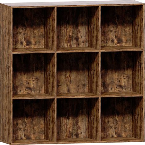 Durham 9 Cube Bookcase Shelf Wooden Display Storage Rack Free Standing Shelf Unit, Dark-Wood-5-Grey-Baskets (1/5)