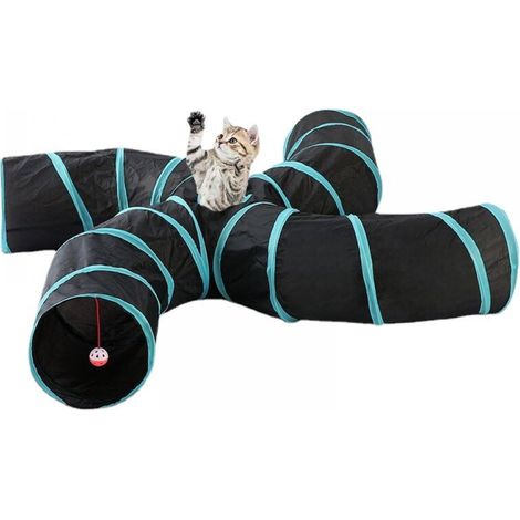 Tunnel Pour Chat - Tunnel S En Forme De Spirale Avec 4 Voies - Cadre En Acier À Ressort - Pliable Et Portable - Bleu Et Noir - 1 Pièce (1/5)