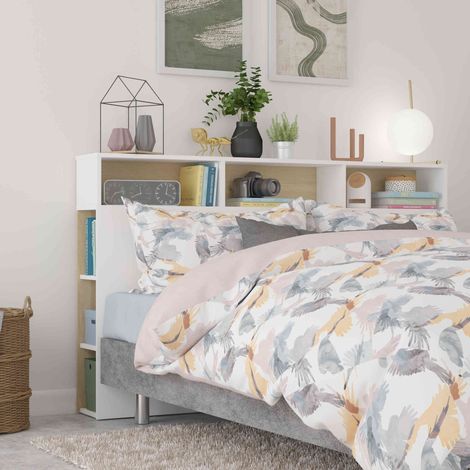 Tête de lit avec niches de rangement en bois blanc et imitation chêne naturel - TL9052 (1/5)