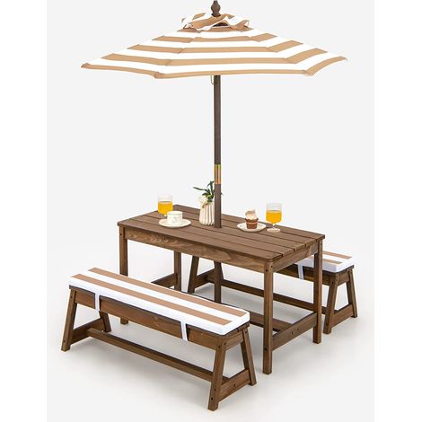 COSTWAY Juego de Mesa y 2 Bancos de Madera con Cojines y Sombrilla, Mesa de Picnic para Niños con Sombrilla, Set de Mesa y Silla para Actividades Interiores y Exteriores para Niños (café) (1/5)