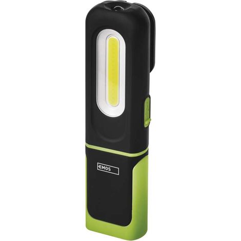 EMOS wasserdichte LED-Arbeitsleuchte mit knickbarem Haltefuß, Clip, Haken und Magnet, 330 lm, 45 m Leuchtweite, 1200 mAh Akku, USB-Kabel, P4537 (1/5)