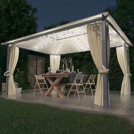 vidaXL Cenador con cortina y tira luces LED aluminio crema 400x300 cm (1/5)
