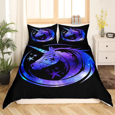 Licorne Ensembles de Housse de Couette Filles Galaxy Dreamy Horse Parure de Lit 200x200cm pour Enfants Violet Ciel Étoilé Animal Magique Housse de Couette Room Decor 3Pcs - 200x200cm (1/5)