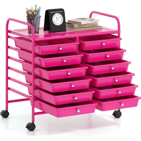 Carrello portaoggetti con 12 cassetti e ampio piano di lavoro Cassettiera con 4 ruote Rosa (1/4)