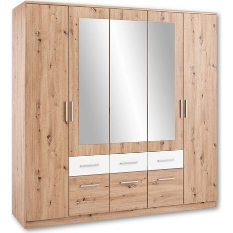 Armoire élégante avec Miroir - Armoire Polyvalente avec Portes pivotantes avec Grand Espace en Effet chêne Artisan, Blanc, 212 x 213 x 60 cm (Largeur x Hauteur x Profondeur) (1/5)