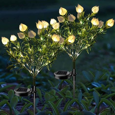 Lampes solaires de jardin – Lampe fleurie colorée Gardenia à 7 têtes – étanche – 2 modes d'éclairage – pour jardin, allée – Blanc – Lot de 2 (1/5)