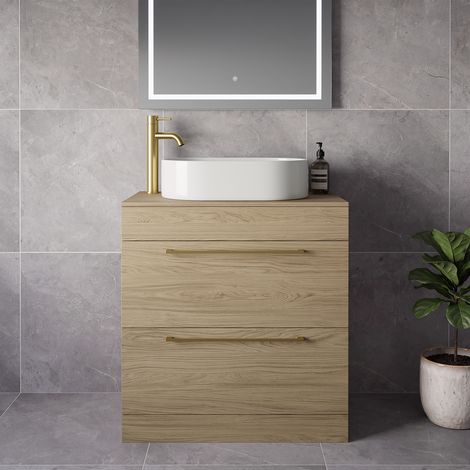 Napoli 460 Light Oak 800mm 2 Drawer Vanity Unit for Countertop Basins - 800mm - Brushed Brass 480mm Handle