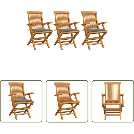 Teakholz - Gartenstühle mit Grauen Kissen 3 Stk. Massivholz Teak (1/5)