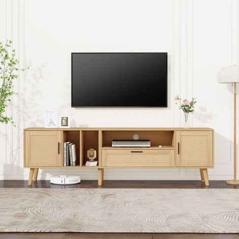 Meuble TV décoration en rotin 2 portes et un tiroir pieds en bois massif adapté à un téléviseur de 80 pouces (1/5)