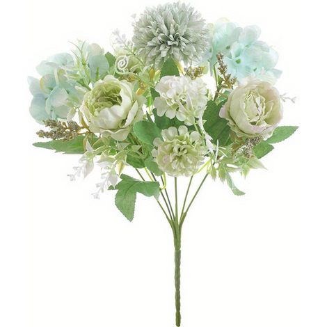 Fleurs artificielles, 2 bouquets de pivoines artificielles en soie, hortensias, œillets et marguerites en plastique (verts)