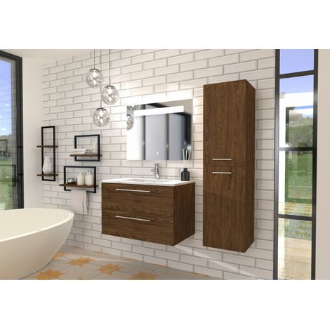 Sanitaire – Meuble de salle de bain suspendu NEPTUNE Héritage Chêne 80 cm – Miroir éclairant KATHY 80x60 cm – 2 tiroirs avec ralentisseurs (1/5)