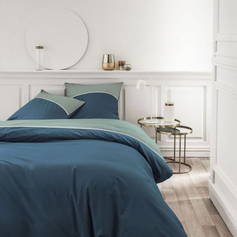 Parure de lit 3 pièces 260x240 cm percale tricolore bleu et céladon