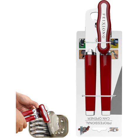 Abrelatas manual de seguridad, abrelatas profesional de acero inoxidable con mango antideslizante y botón ergonómico, apto para todos (rojo) (1/5)