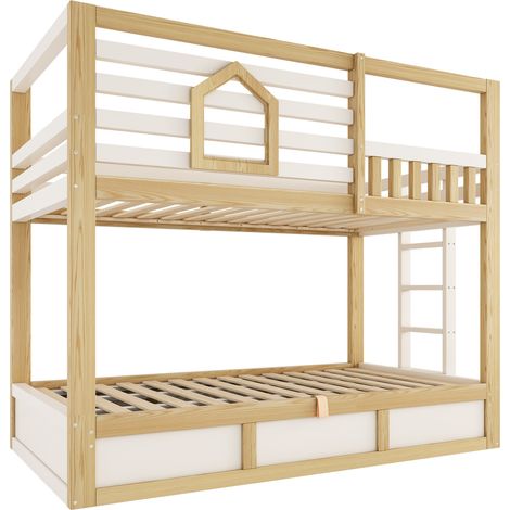 Cama litera infantil 90x200 cm estilo cabaña, blanco y madera, con escalera y almacenaje hidráulico (1/5)