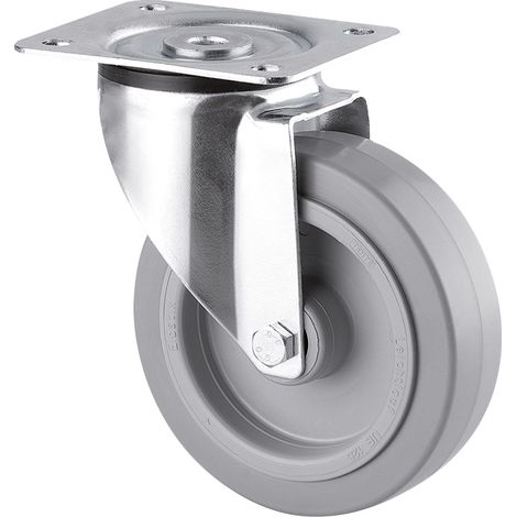 Roulette pivotante ø125 - Hauteur totale : 161 mm - Charge : 500 kg - Platine : 137 x 105 mm - Diamètre : 125 mm - Décor : Gris - Matériau : Acier / Caoutchouc - TENTE