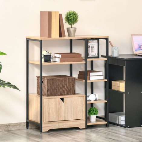 Estantería para Libros con Múltiples Estantes Abiertos y Doble Puerta Librería con Marco de Metal 80x35x97 cm Natural (1/4)