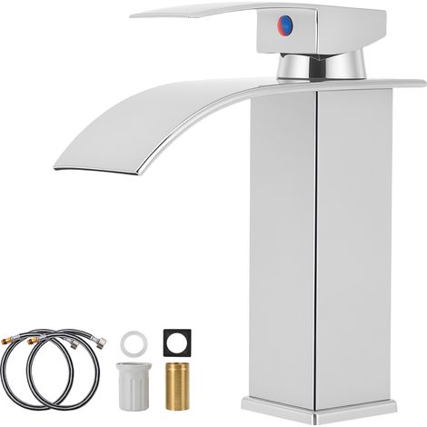 Robinet Salle de Bain,Mitigeur Lavabo Cascade en Acier Inoxydable,Mitigeur en Laiton,Eau Chaude et Froide Disponible,Economiseur d'eau, chromé (Comprend un tuyau de 58 cm) (1/5)