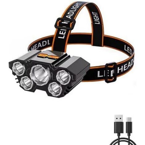 Lampe frontale rechargeable USB - 5 LED - Avec piles - 90 rotation - Étanche - Pour le travail, l'extérieur, la course, le camping, la pêche, la randonnée et le cyclisme