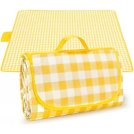 Extra-Large Plaid Picnic Blanket with Carry Handle – Waterproof, Washable Outdoor Blanket for Beach, Garden, and Camping – 200 cm x 150 cm (Yellow) (1/2)