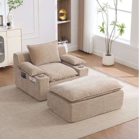 Sillón chaise longue (27.5x35.0x120.0 cm), de chenilla, con portavasos, bolsillo lateral, light khaki (1/5)