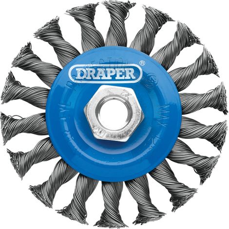 Draper TwistKnot Wire Wheel Brush – 100mm Diameter, M14 Thread, Steel Twist-Knot Flat Wire Brush for Heavy-Duty Surface Cleaning and Deburring