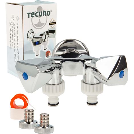 tecuro Doppel-Geräteventil mit 2 Abgängen, Steckkupplungen, Wandrosette, PTFE-Dichtband, MS hochglanzverchromt (1/5)