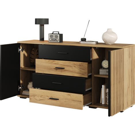 Buffet 140 x 35 x 70 cm avec 4 tiroirs, 2 portes, étagères réglables et façade rainurée verticale, meuble de rangement noir et bois clair pour salon salle à manger - CHICFURN (1/5)