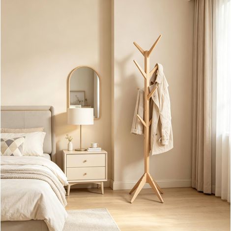 Porte-manteau sur pied 180 cm 8 crochets bois naturel HAVRYA (1/4)