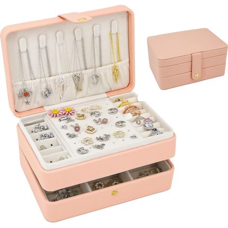 Kleine Schmuckschatulle, Reiseorganizer, tragbare Schmuckschatulle, ideal als Geschenk für Frauen und Mädchen, doppellagiges Schmuckkästchen aus PU-Leder für Ringe, Ohrringe und Halsketten – rosa (1/5)