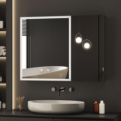 Spiegelschrank mit Beleuchtung 80x60 cm Bad Spiegelschrank mit Beleuchtung Badspiegel mit Beleuchtung Badschrank Hängeschränke mit 3 Einstellbare Lichtfarben Beschlagfrei, Schwarz