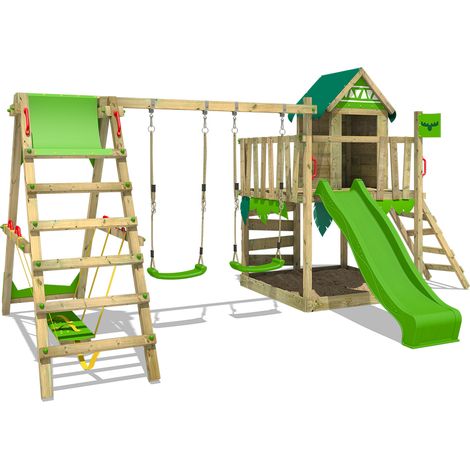 FATMOOSE Wooden climbing frame JazzyJungle with swing set SurfSwing and slide, Playhouse on stilts for kids with sandpit, climbing ladder & play-accessories - apple green (1/5)