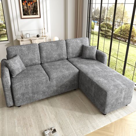 Sofá rinconera L de 3 plazas con chaise longue 144 cm, chenilla gris, espuma alta densidad, OKWISH (1/5)