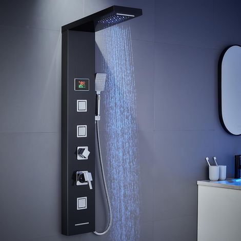 Panneau de douche avec mitigeur, colonne de douche 5 fonctions avec affichage LED de la température, pluie et cascade, jets de massage, douchette à main et bec de bain, panneau de (1/5)