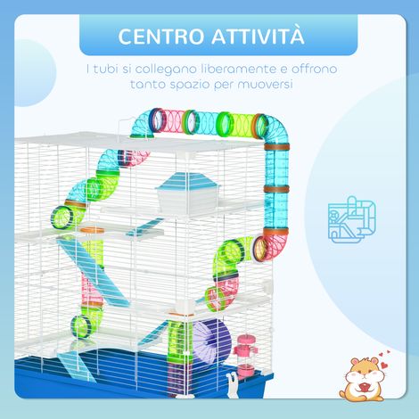Cage à hamster à 5 niveaux avec tubes. maison. aquarium et roue. en acier. PP et PS. 59 x 36 x 69 cm. bleu et blanc (1/5)