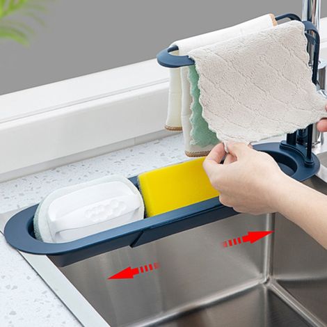 Égouttoir télescopique extensible pour évier, porte-éponge et porte-savon, plateau de rangement pour évier de cuisine. (1/5)