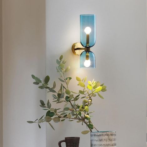 Applique Murale Intérieure 2 Flammes E14 Base Lampe Murale Up Down Luminaire Mural Moderne Design Éclairage Mural Métal pour Salon Chambre Couloir Balcon (Bleu) [Classe énergétique A+++] (1/5)