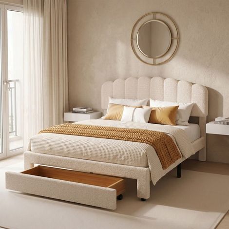Letto 140x190 con contenitore - POCKETPOP - Velluto Teddy beige - 1 cassetto - Porte USB/Type-C - Testata regolabile (1/5)