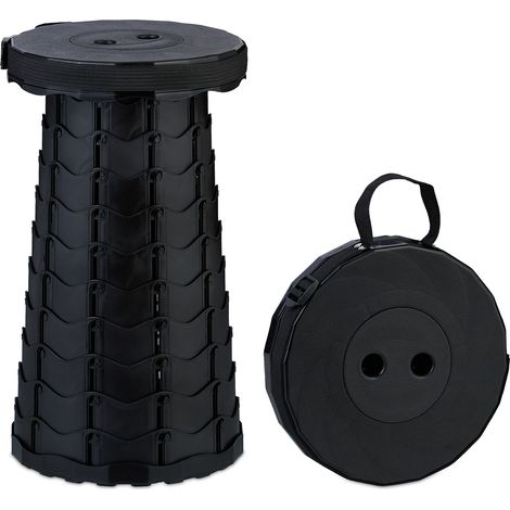 Relaxdays Taburete Telescópico, Banqueta Plegable Camping, Correa de Transporte, Altura Ajustable, 44,5x25x25 cm, Negro