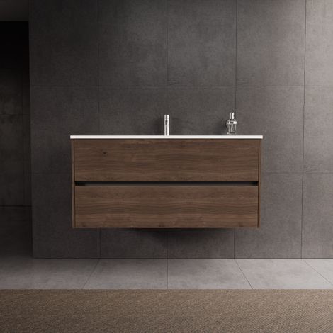 Meuble de salle de bain suspendu 2 tiroirs L.120 – Évier céramique blanc 120 cm – Système de fermeture lente – Finition chêne brun – Inda (1/5)