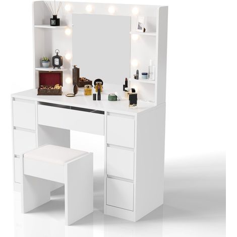 Tavolino da toilette con specchio Malia Con sgabello Melly Elegante tavolino da toilette con luce e ampio spazio di archiviazione (1/3)