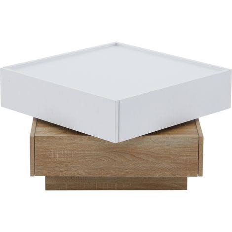 Table basse rotative 360° avec 2 tiroirs, panneau mélaminé blanc et noyer, 60x60x38 cm (1/5)