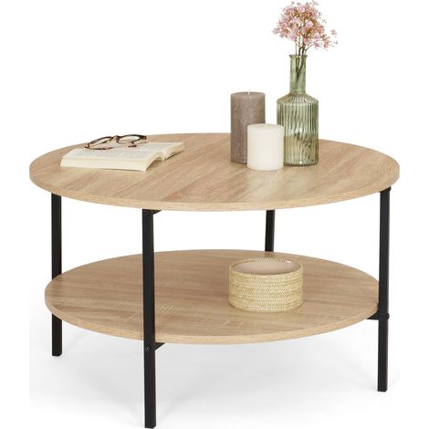 Idmarket – Table basse ronde double plateau 70 cm – Design industriel en bois et métal – Espace de rangement intégré – Hauteur 40,5 cm