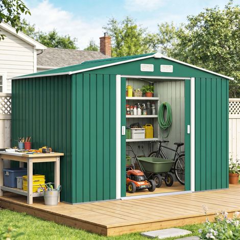Cabanon Jardin 4,9 m² avec Fondation, 4 Aérations et 2 Portes Coulissantes, Abri de Jardin en Tôle d'Acier, 277x195x192 cm, Vert Foncé (1/5)
