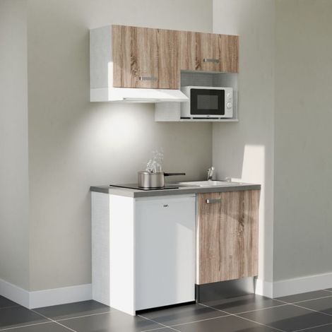 Kitchenette K02L-PT - 120 cm - plan stratifié, évier inox, - Façade Bois - Plan Gris béton - Evier Inox - Crédences Non + Electroménager inclus coloris Blanc