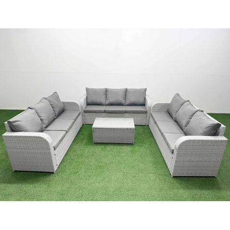 Fimous PE Rattan Lounge Sofa Set 9 Seater Outdoor Garden Furniture Set with Rectangular Coffee Table 3 Seater Sofa Light Grey (1/5)