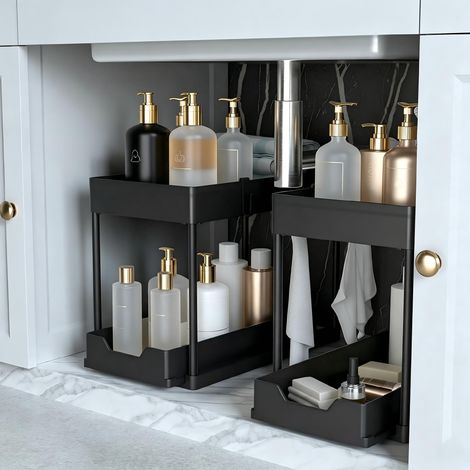 Lot de 2 organiseurs sous évier et rangement avec tiroir coulissant, étagère à 2 niveaux sous évier de salle de bain, armoire multifonction pour économiser de l'espace (1/5)