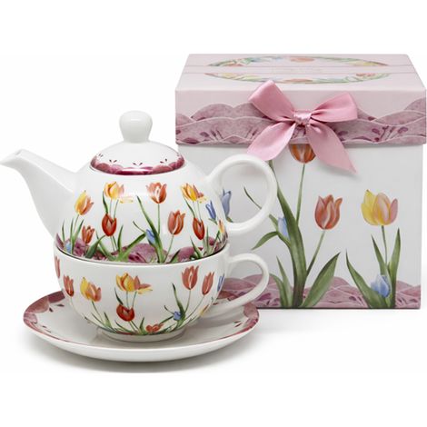 Porzellan-Krug- und Tassenset „Tulpen“ in Geschenkbox (1/4)