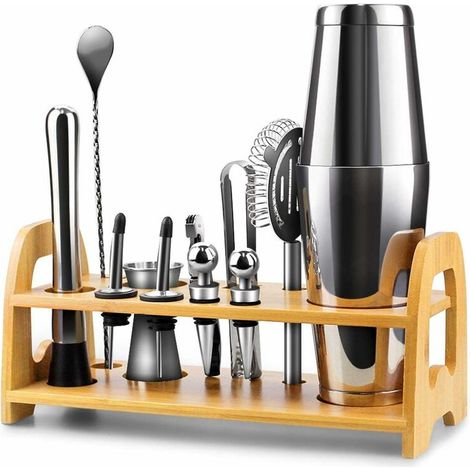 Cocktail-Shaker-Set, 13-teilig, Boston-Shaker-Set aus Edelstahl mit Shaker-Glas, Messlöffel, Ausgießer, Mixer, Sieb, Zange, Korken, Korkenzieher, Ständer, Rezept (1/5)